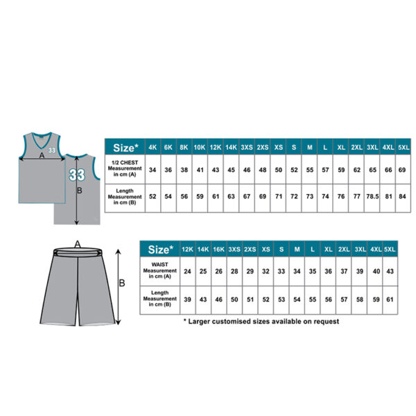 Custom Palin Basketball Uniform - Size Chart